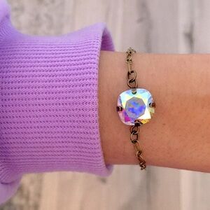Aurora Borealis Cushion Cut Antique Brass Crystal Bracelet